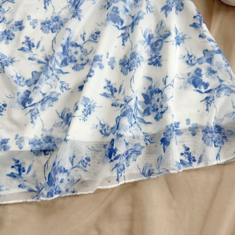 Blue And White Boho Women's Floral Mesh Halterneck Vacation Dress